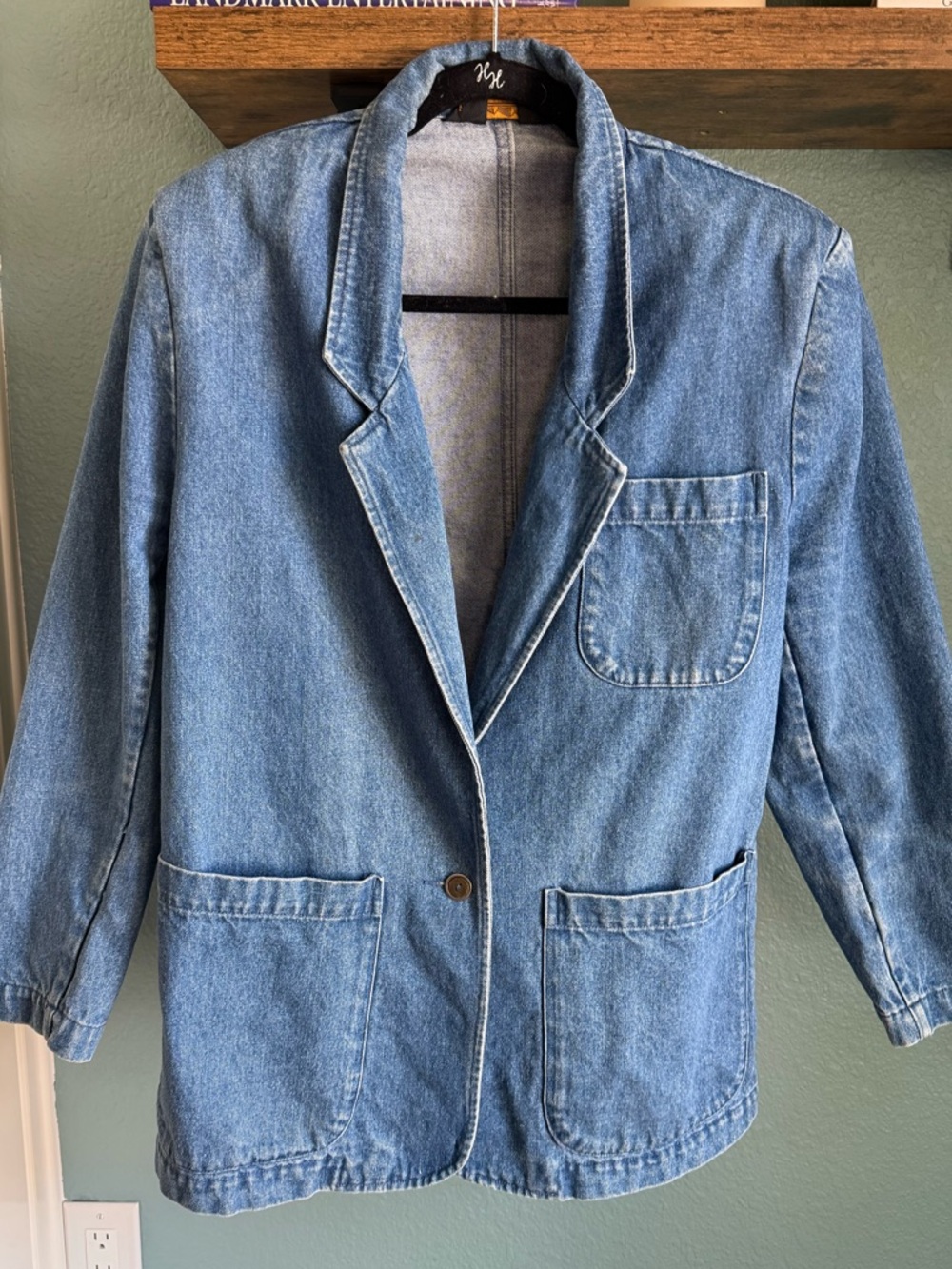 Vintage Eddie Bauer Denim Blazer Jacket Blue Chore Coat Workwear 90s Medium